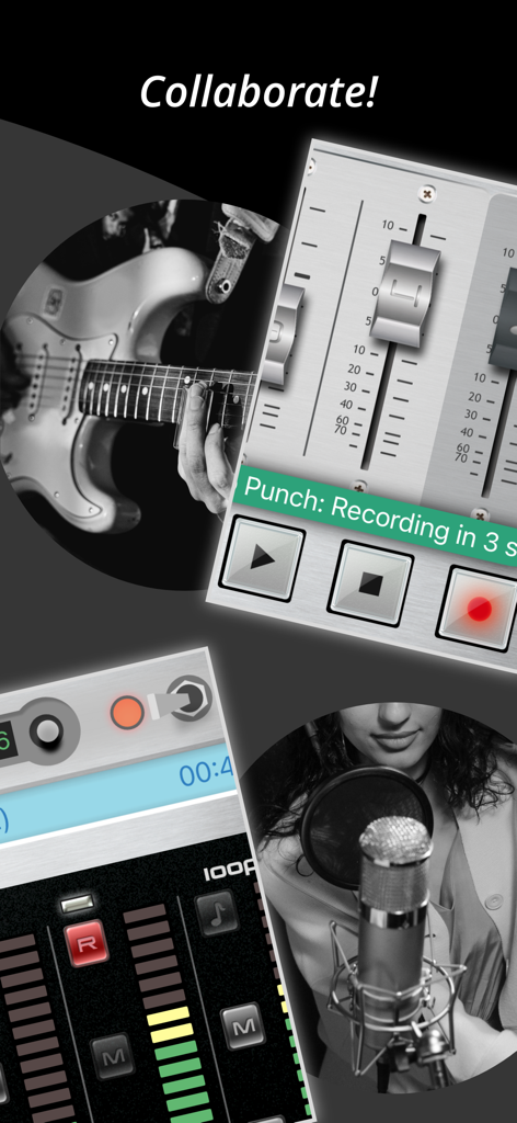 StudioMini - Music Recorder - A collage showing musicians recording guitar and vocals using the StudioMini multitrack mixer and punch recording interface