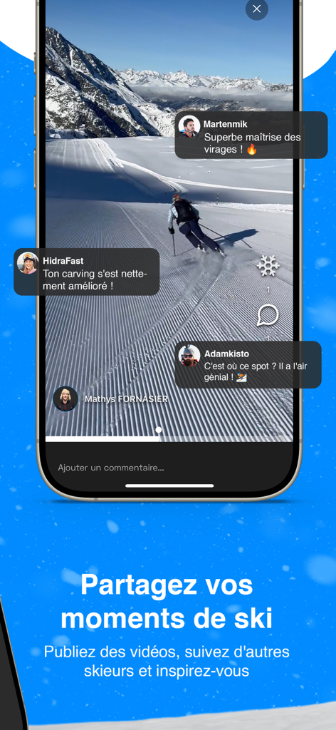 Winter Mate - Mobile app screen showing a skiing video with social comments and feedback from other riders