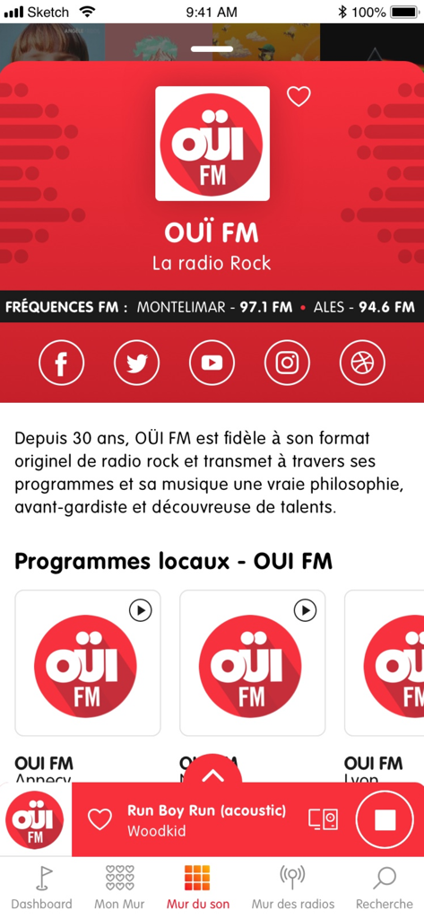 Les Indés Radios - The OUI FM station page on the Les Indes Radios app featuring local rock radio programs and a music player bar.