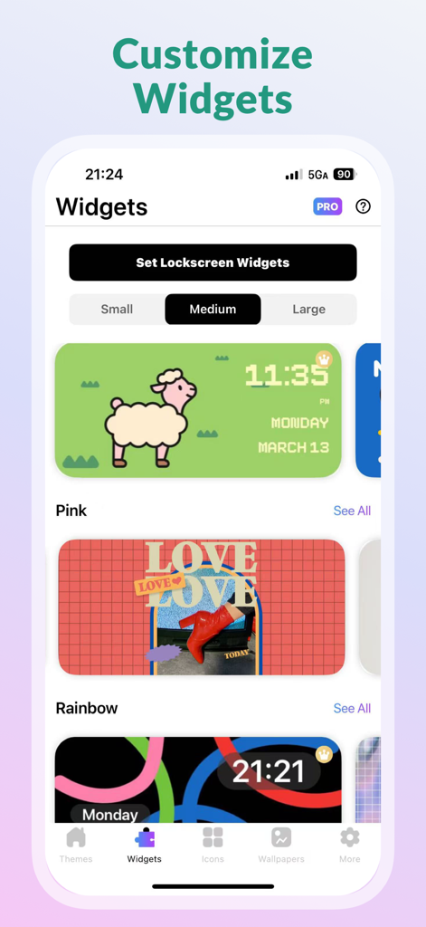 Mixy-Themes, Lock Widget - Interfaccia dell'app mobile che mostra vari design di widget medi estetici per la personalizzazione dell'iPhone