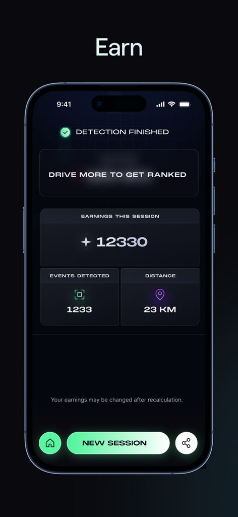 NATIX Drive& - NATIX Drive app dashboard showing session earnings points events detected and total distance driven