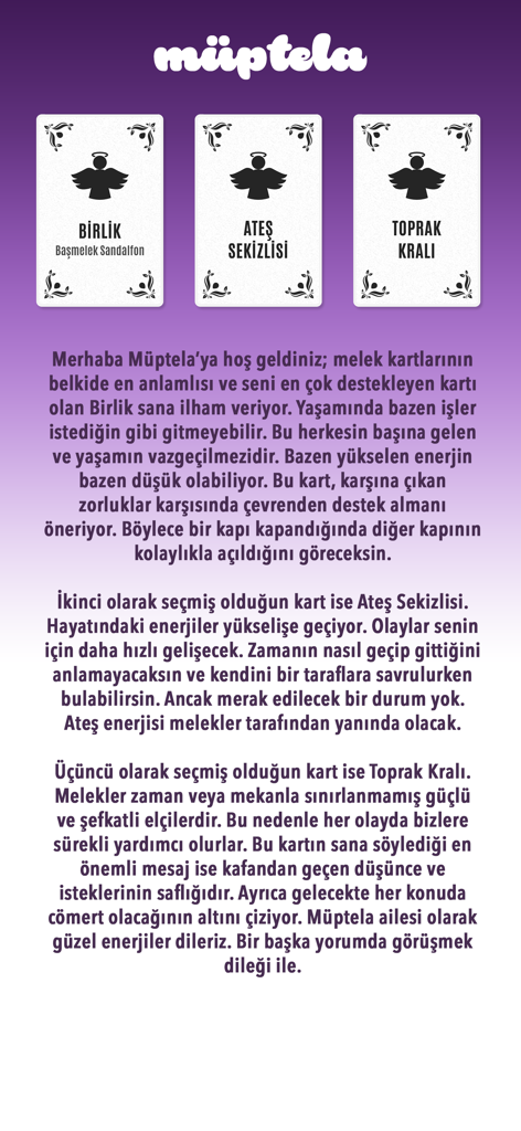 Müptela - Kahve Falı, Tarot - Muptelaアプリのインターフェース。3枚のエンジェルカードとタロットカードの占いと、詳細なテキスト解説が表示されています。