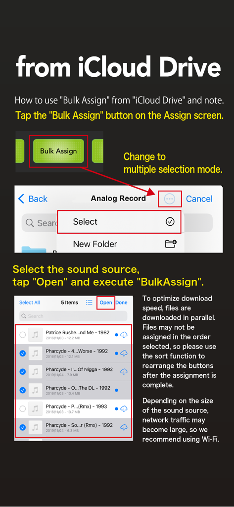 SoundPad Pro - Tela de tutorial mostrando como atribuir arquivos de áudio em massa do iCloud Drive no SoundPad Pro.