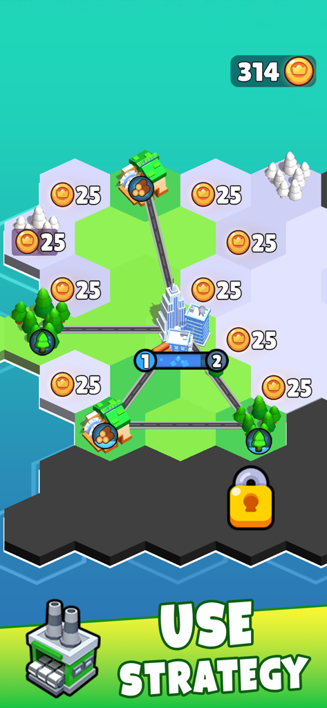 States Builder: Trade Empire - States Builderのゲームプレイ画面。六角形のマップに工業施設とサプライチェーンの接続が表示されている。