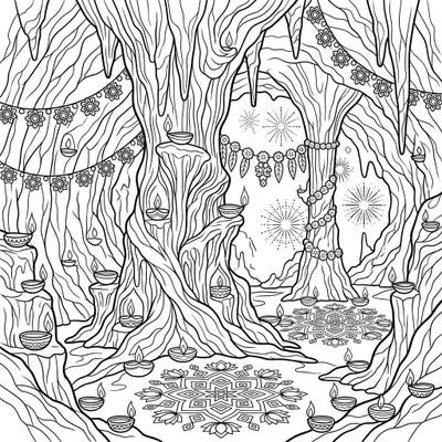 Immerse yourself in the beauty of Diwali with this unique coloring page featuring majestic cave columns decorated for the festival of lights. Discover a stunning blend of natural wonder and vibrant cultural celebration waiting for your creative touch.