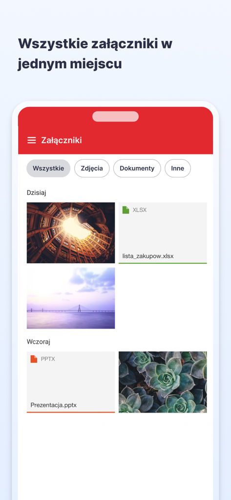 WP Poczta app interface showing the attachment gallery with sorted photos and documents