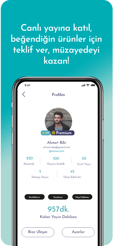Bidsee app user profile interface displaying auction wins and premium membership badge