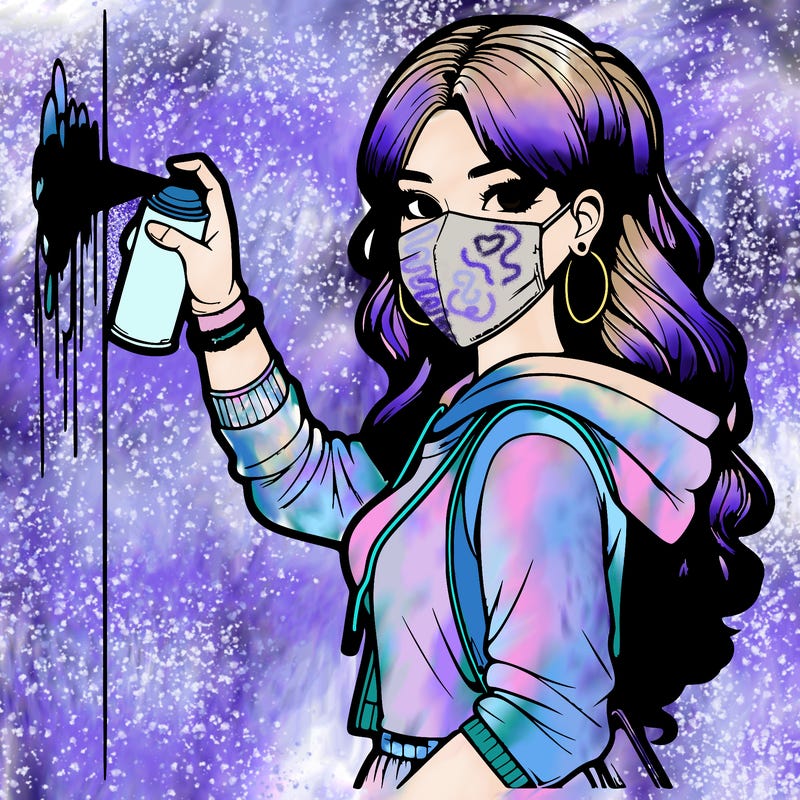 realistic girl with mask spray painting a wall