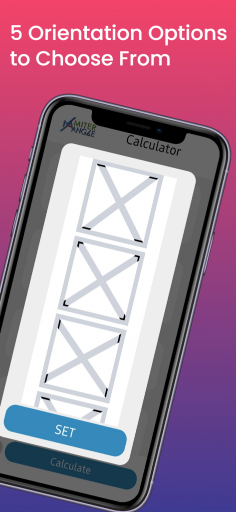 Miter Angle Calculator - Miter Angle Calculator app showing various cross brace orientation options for woodworking