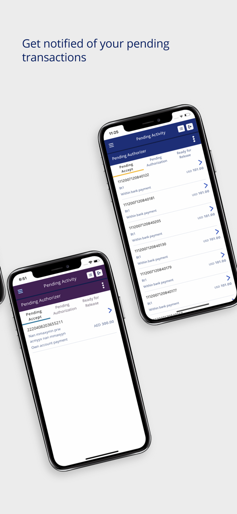 The businessONLINE app interface displaying pending transactions for corporate account authorization