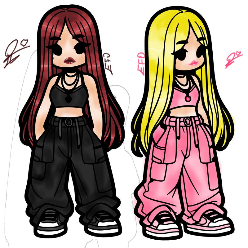 girl in baggy pants crop top and long hair