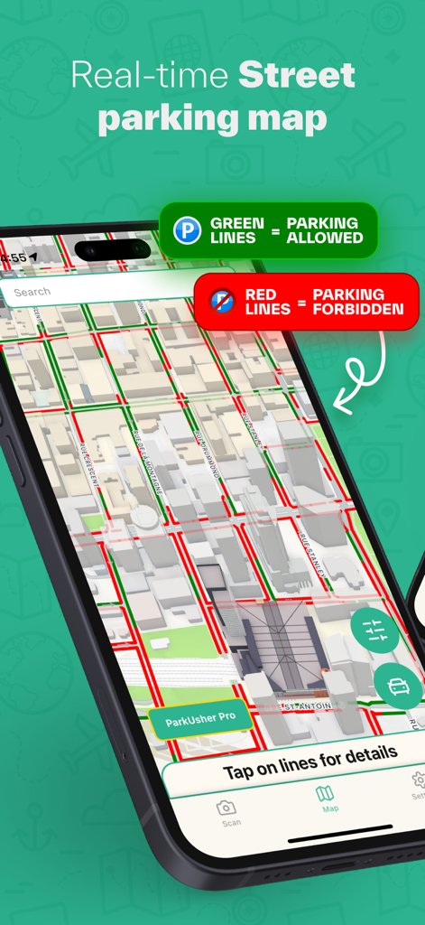 ParkUsher: Find Parking Easily - A smartphone displaying the ParkUsher app interface with a color-coded street parking map showing where parking is allowed in green and forbidden in red.