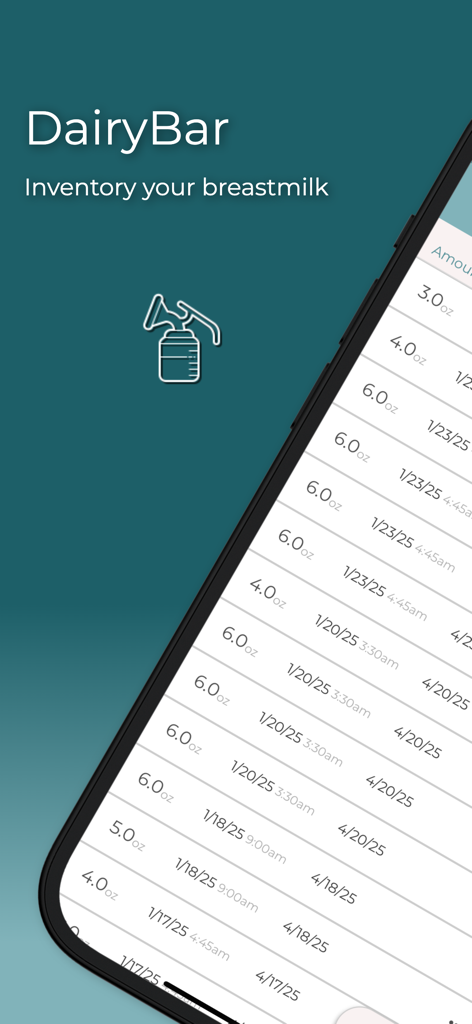 DairyBar - DairyBar app showing a list of recorded breast milk storage amounts in ounces with dates and times