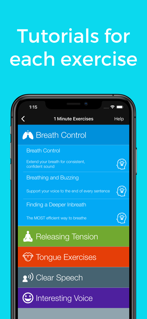 One Minute Voice WarmUp - Screenshot of the One Minute Voice WarmUp app menu displaying vocal exercise categories like Breath Control and Releasing Tension.