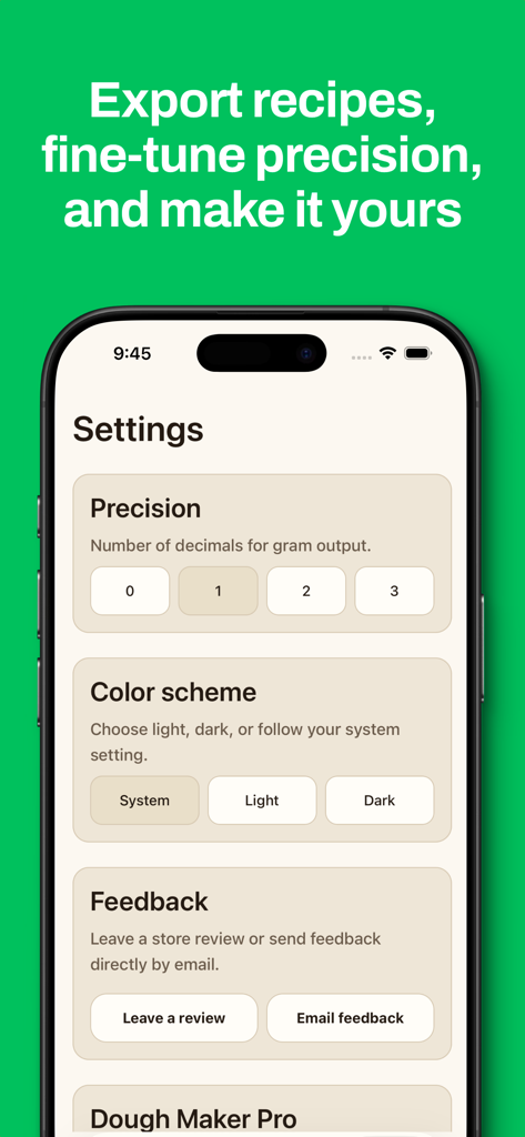 Dough Maker: Bread Calculator - Settings screen of the Dough Maker app showing precision decimal controls and color scheme selection options.