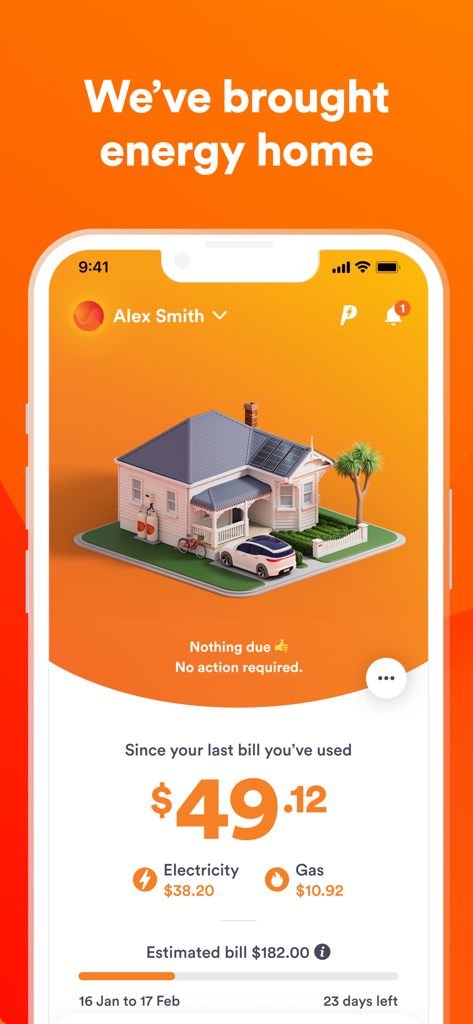 Energy IQ - Energy IQ mobile app home screen showing a dashboard with current energy usage and an estimated bill