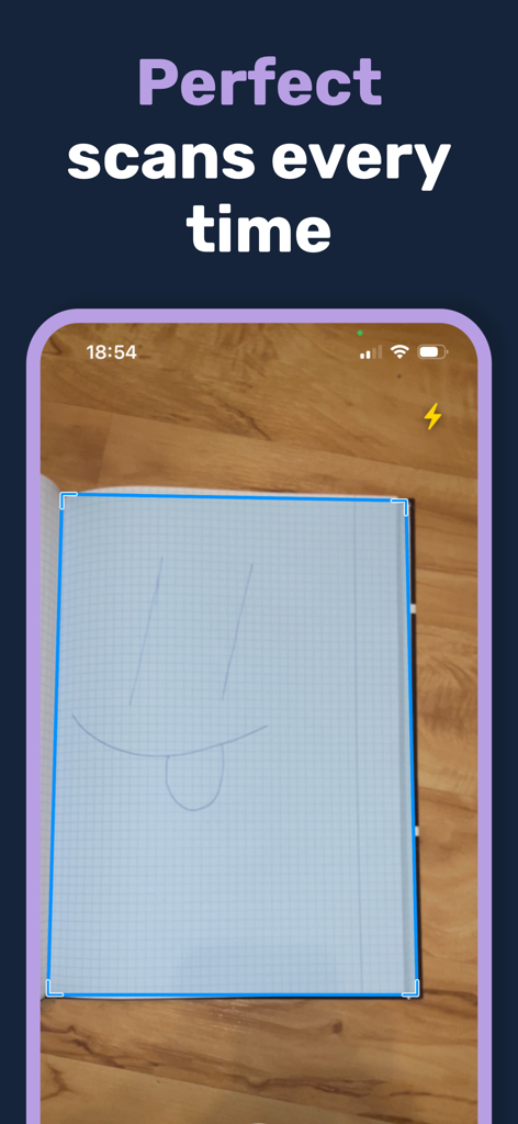 Mobile phone screen showing PDFio app automatically detecting edges of a paper document for scanning