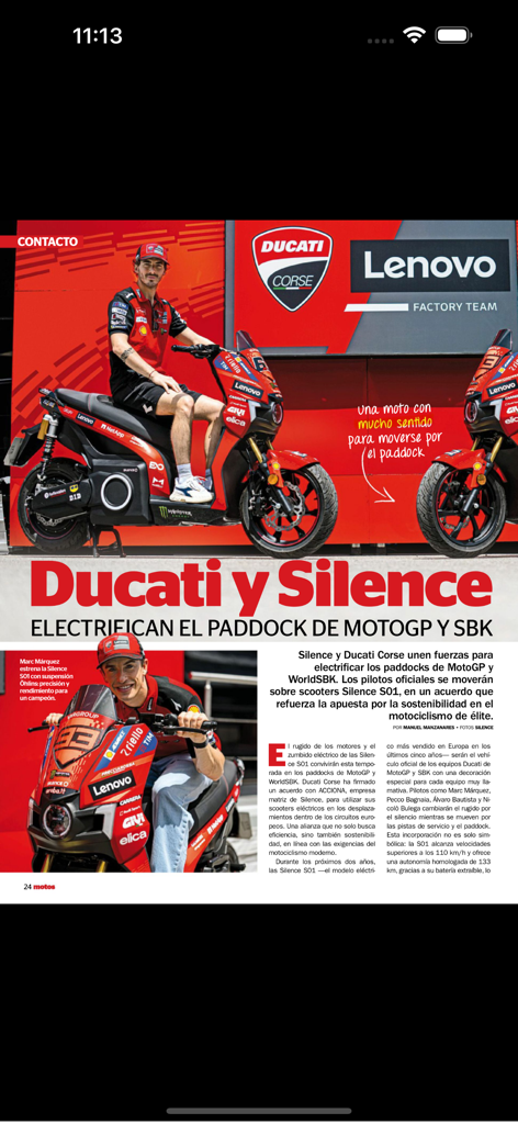 Motos Revista - A page from the Motos Revista app featuring an article about Ducati and Silence electric scooters in the MotoGP paddock