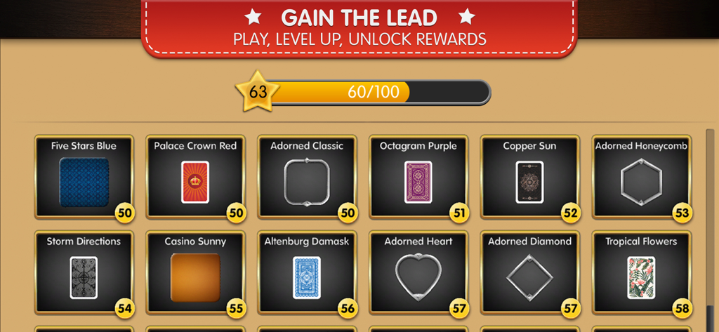 Gin-Rummy Palace - A screen in the Gin-Rummy Palace app showing various unlockable card back designs and decorative frames.