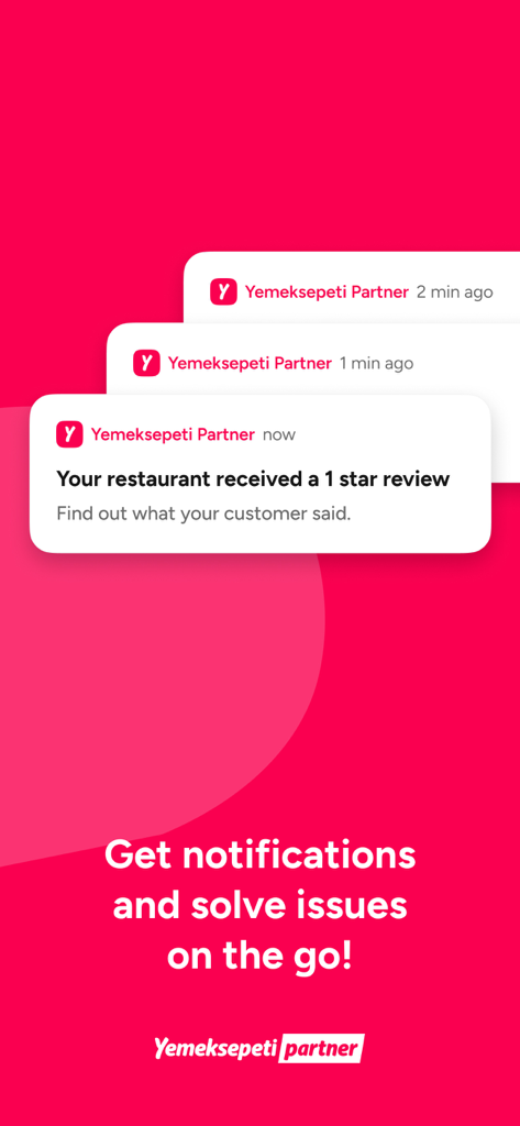 Yemeksepeti Partner - Push notification alerts on the Yemeksepeti Partner app for managing restaurant reviews
