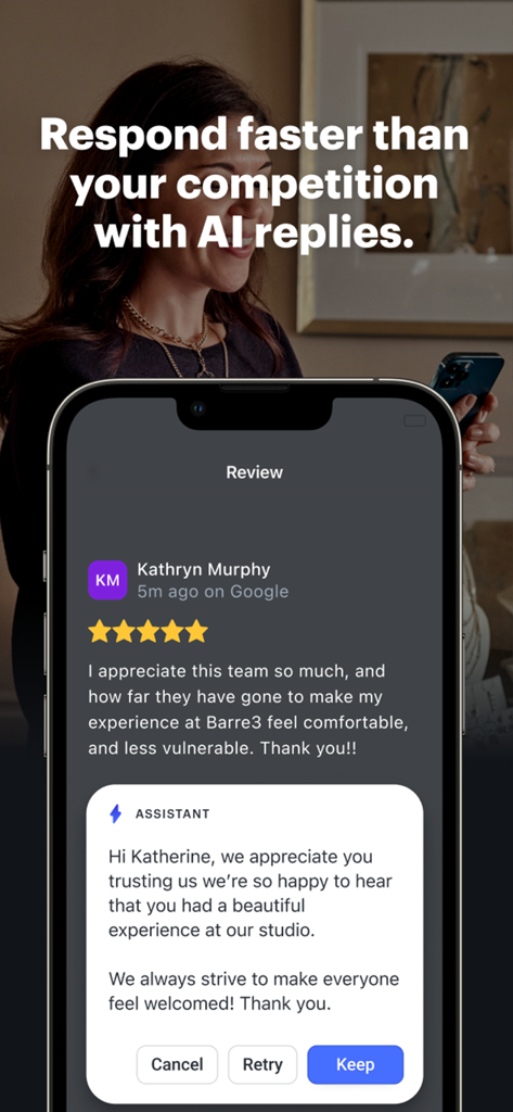 Podium - Small Business Tools - Podium app screen showing an AI assistant generating a response to a 5 star Google review for a small business