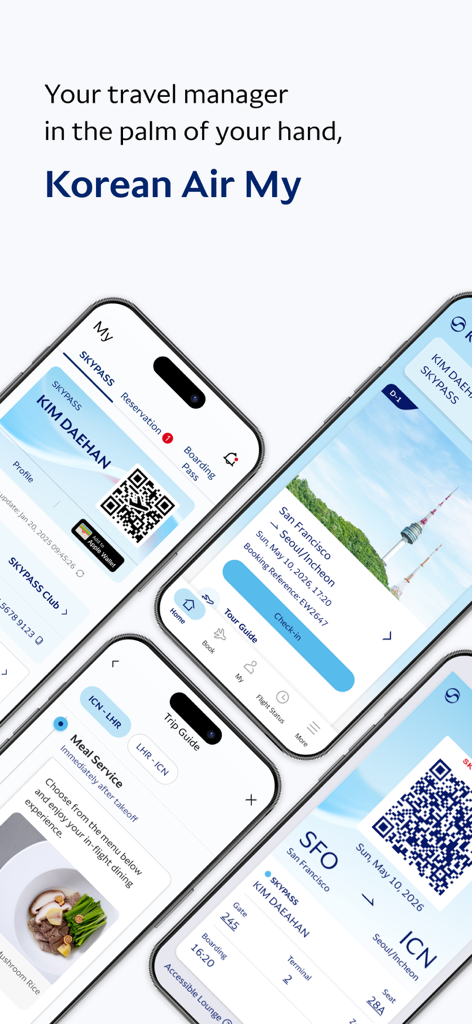 Multiple smartphone screens displaying Korean Air My app features like digital boarding passes, check-in, and SKYPASS membership details.