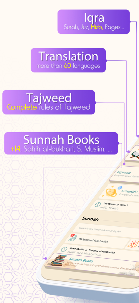 Interface do aplicativo mostrando a tradução do Alcorão em 60 idiomas, regras de tajweed e biblioteca de livros da Sunnah