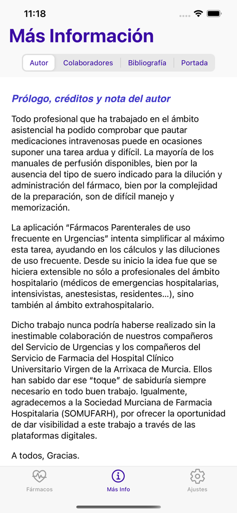Section d'informations et de crédits de l'application médicale Fármacos Parenterales montrant la note de l'auteur et les collaborations en espagnol.