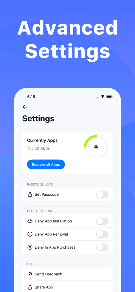 aLock - App Lock - Bildschirm für erweiterte Einstellungen der aLock-App, der Optionen zum Verweigern von App-Installationen, Deinstallationen und In-App-Käufen anzeigt