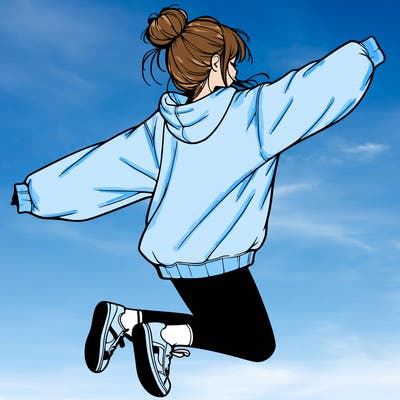 realistic girl jumping with a bun and oversized sweatshirt