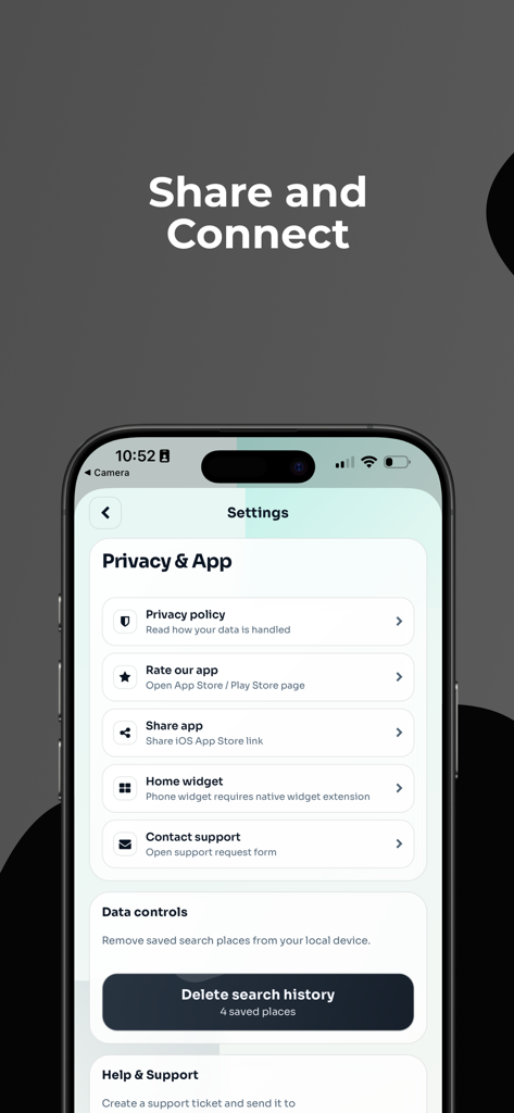 Smartphone-Bildschirm, der das Einstellungsmenü der Adelaide Bus und Train Tracker App zeigt, einschließlich Datenschutzoptionen und Datenkontrollen.