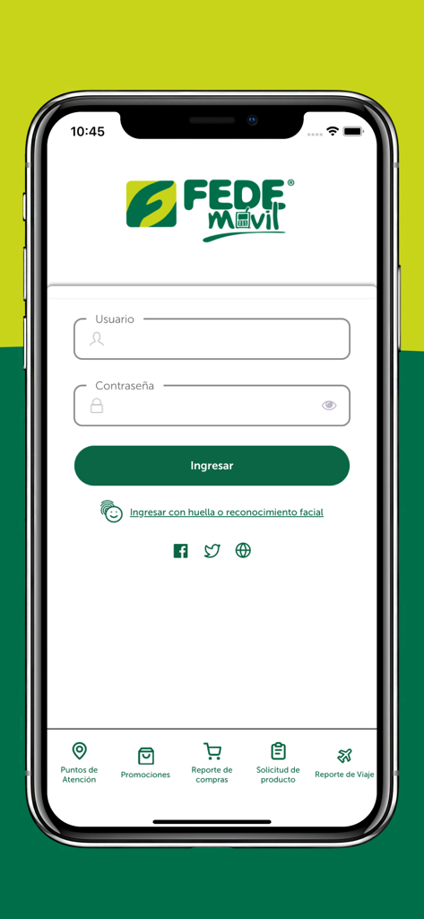FEDE MÓVIL - Pantalla de inicio de sesión de la aplicación de banca móvil FEDE MÓVIL con campos para nombre de usuario y contraseña, además de opciones de inicio de sesión biométrico.