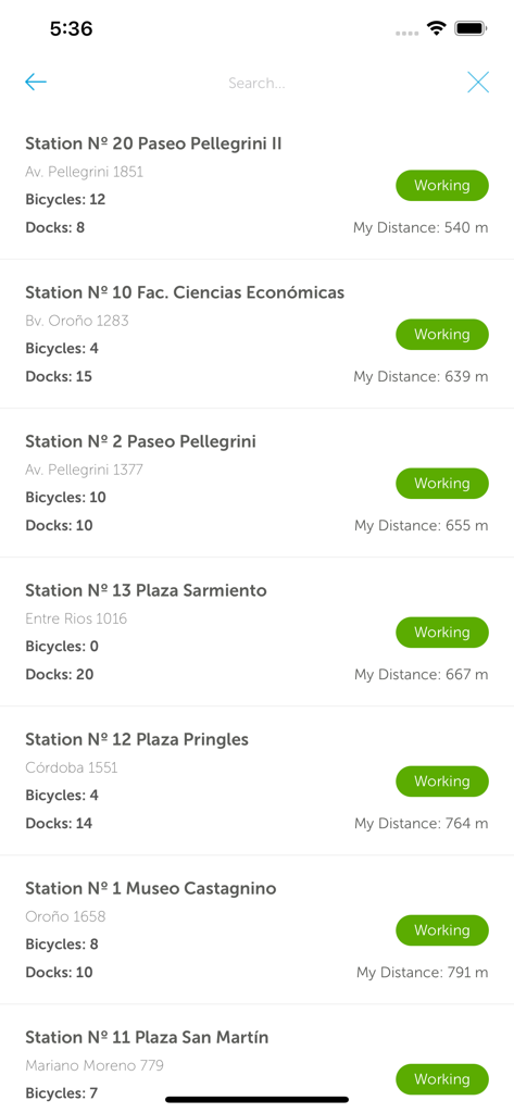Mi bici tu bici - Mobile app interface showing a list of bike-sharing stations with real-time bicycle and dock availability