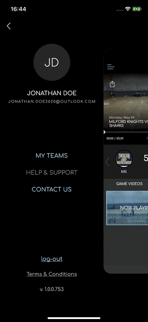 User profile screen and navigation menu in the Pixellot You mobile app