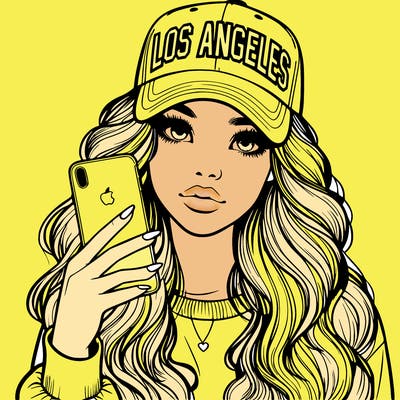 realistic beautiful girl wearing los ángeles cap holding an iphone
