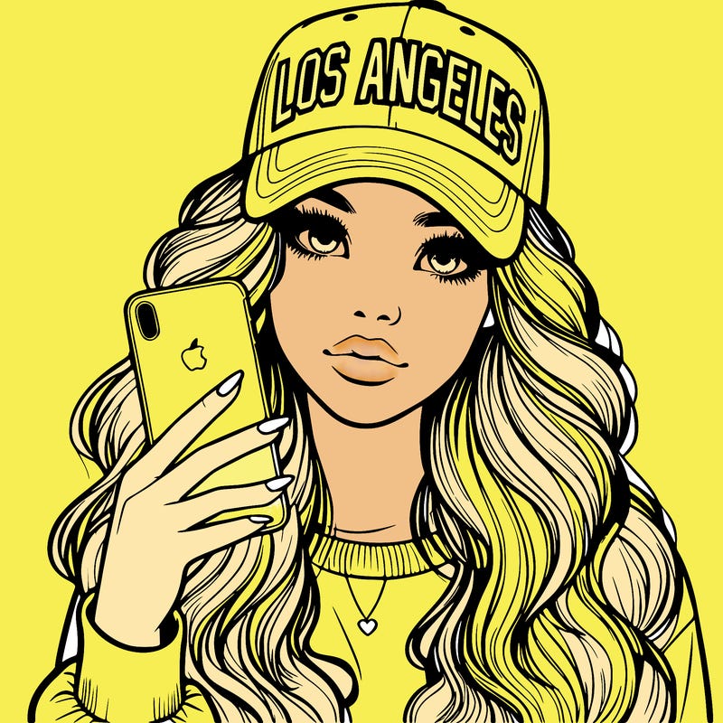 realistic beautiful girl wearing los ángeles cap holding an iphone