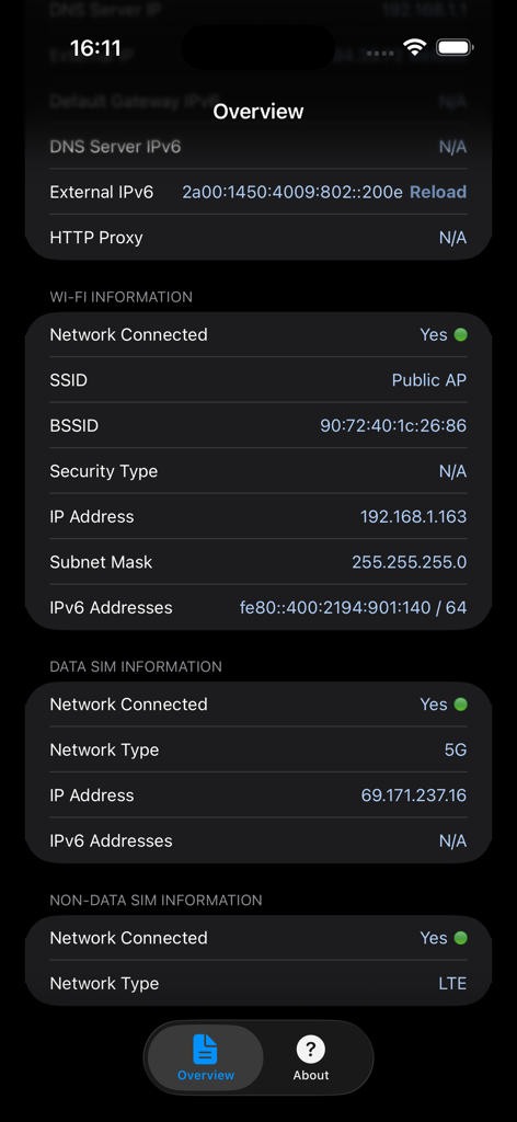 Pantalla detallada de información de red que muestra parámetros de wifi y datos móviles