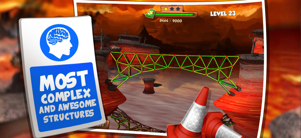 Bridge Builder Simulator - A complex bridge structure built over a volcanic landscape in Bridge Builder Simulator