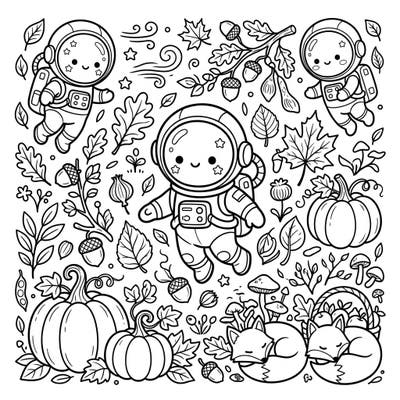 Prepare for an adorable journey through a whimsical autumn landscape with these Kawaii cosmonauts. This charming coloring page blends the wonders of space with the cozy spirit of fall, perfect for a delightful creative escape.