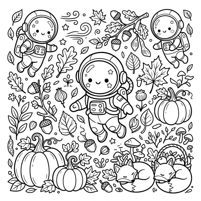 Prepare for an adorable journey through a whimsical autumn landscape with these Kawaii cosmonauts. This charming coloring page blends the wonders of space with the cozy spirit of fall, perfect for a delightful creative escape.