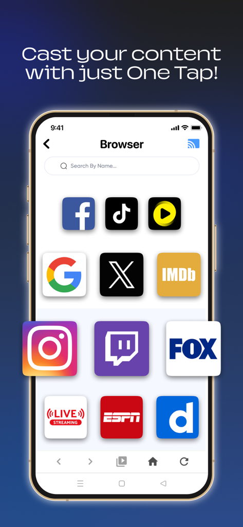 Smartphone display of the Smart View app browser with various streaming and social media icons for casting to TV