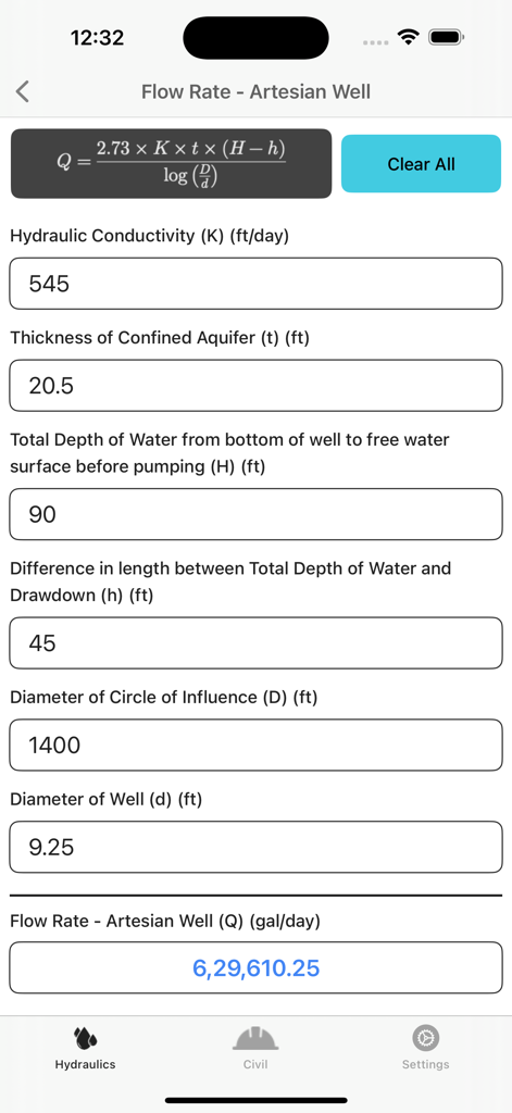 Hydraulics and Waterworks Calc - Interface du calculateur de débit – Puits Artésien dans l'application Calcul Hydraulique et Hydraulique Urbaine montrant les champs de saisie et la formule.