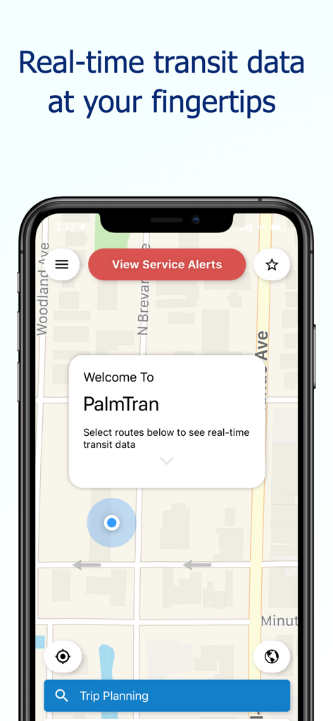 환영 메시지와 운행 알림 버튼이 있는 대중교통 지도와 모바일이 표시된 휴대폰