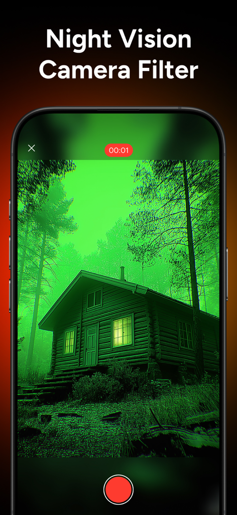 Smartphone screen showing a green night vision filter applied to a wooden cabin in the woods