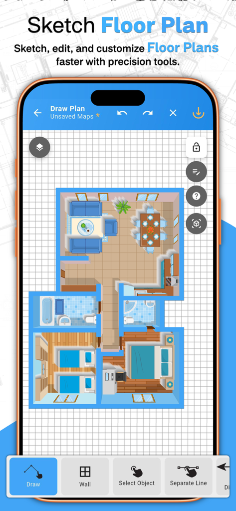 Floor Plan Designer: Home Map - Uma interface móvel do aplicativo Designer de Plantas Baixas mostrando um esboço detalhado de planta baixa 2D com móveis e ferramentas de desenho