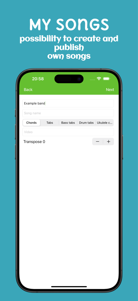 Guitar chords and tabs - Pantalla de aplicación móvil para crear y publicar tablaturas y acordes de canciones personales.