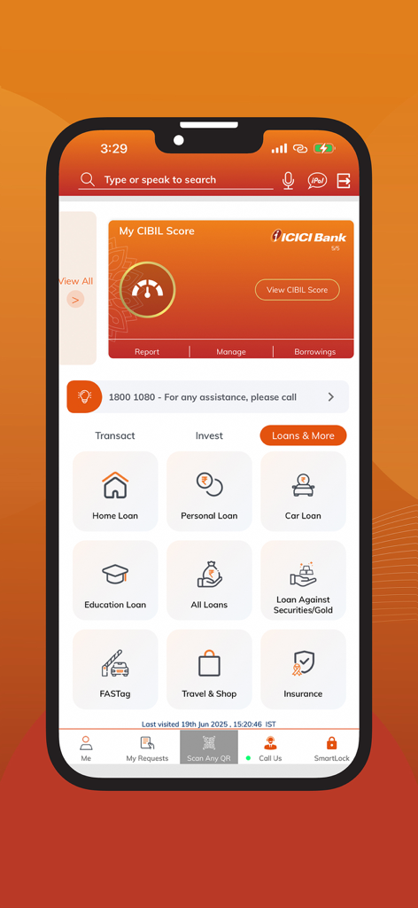 iMobile by ICICI Bank app dashboard displaying loan options including home and personal loans and CIBIL score check.