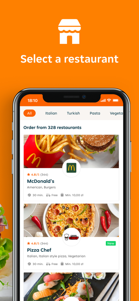 Pyszne.pl - Ein Smartphone-Bildschirm, der die Pyszne.pl Essensliefer-App mit einer Liste verfügbarer Restaurants und Küchenfiltern zeigt.