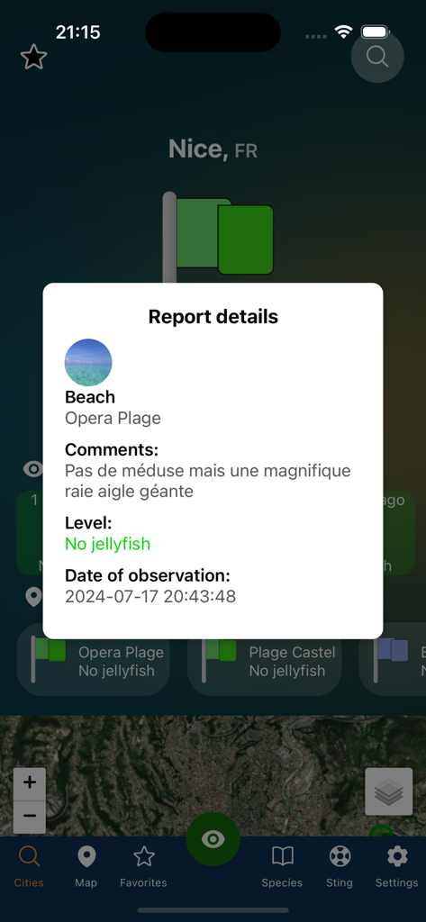 Meduseo - Meduseo app report details showing no jellyfish at Opera Plage beach in Nice