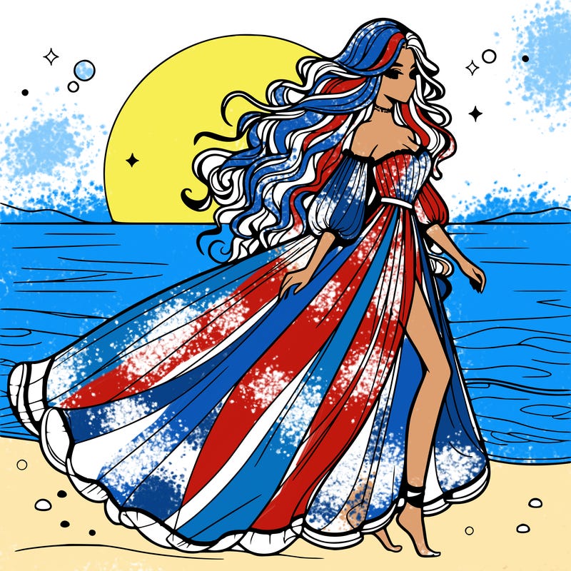 beautiful woman with a vaporous long dress walking on the beach at the noon, detailed art